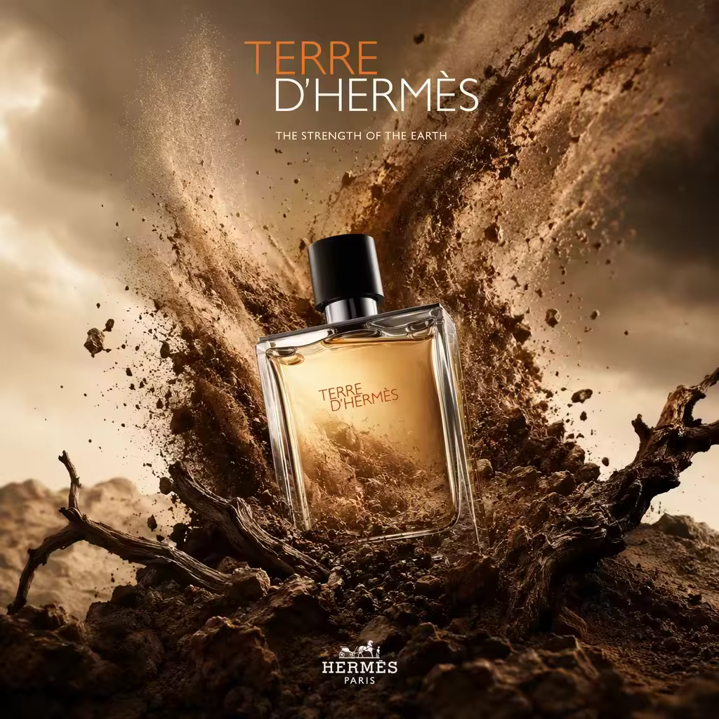 Create an ultra-premium fragrance advertising poster for Terre d'Hermès, built around one hyper-real perfume bottle as the absolute hero product, emerging from a sculptural desert-earth environment with an explosive upward arc of sand, dust, and dry soil particles behind and around it. The image must feel refined, elemental, masculine, geological, and mythic, like a world-class luxury fragrance campaign. The product must remain the central visual protagonist. Surround it with an exquisitely controlled environment of sand grains, dry earth, fractured soil, weathered root-like dead wood, and only the faintest residual traces of withered botanical matter, all composed with high-end restraint. The scene must feel both realistic and monumental, as if the perfume has been born from the dry memory of the earth itself. Use elegant English title typography, subtle official-feeling brand logic, minimal support text, and an overall composition with strong impact yet extreme control.
Core composition:
Use a tall vertical composition with the Terre d'Hermès bottle positioned near the lower middle or slightly off-center, partially embedded in the sandy terrain and tilted subtly for dramatic tension. Behind and around the bottle, create a powerful upward sand burst or swirling sand plume, sculpted like a clean natural force frozen in time. The bottle must remain clearly readable and visually dominant, while the sand and dust form a dynamic halo of movement. In the foreground and side areas, place weathered root-like dry wood fragments, dark mineral-rich soil, broken earth, and only the most restrained withered organic traces. The composition must feel elemental, elegant, and intensely premium.
Milk Cloud Orbit + Cream Halo Transit direction:
Push the strongest established qualities further: intensify the hero-bottle dominance, make the sand plume more sculptural and layered, and refine the environmental storytelling so it feels more primal and more geological. Keep the same core