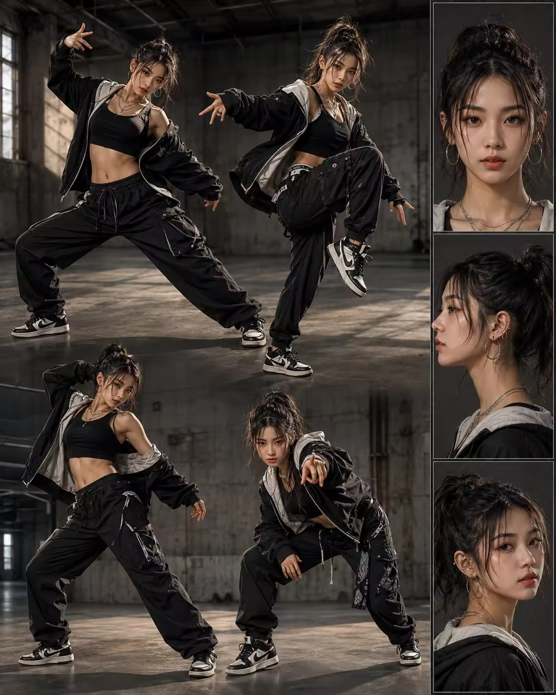 The character design layout focuses on an 18-year-old Asian female street dancer. Includes 4 large, high-detail full-body dynamic dance moves (highlighting dance moves with clear facial features). The side features a clear multi-angle reference strip, containing only three detailed head-up shots (front, side, and 3/4 side view). Minimize text elements and prioritize pixel space for facial detail rendering. The background features a rugged industrial style, paired with realistic light and shadow effects