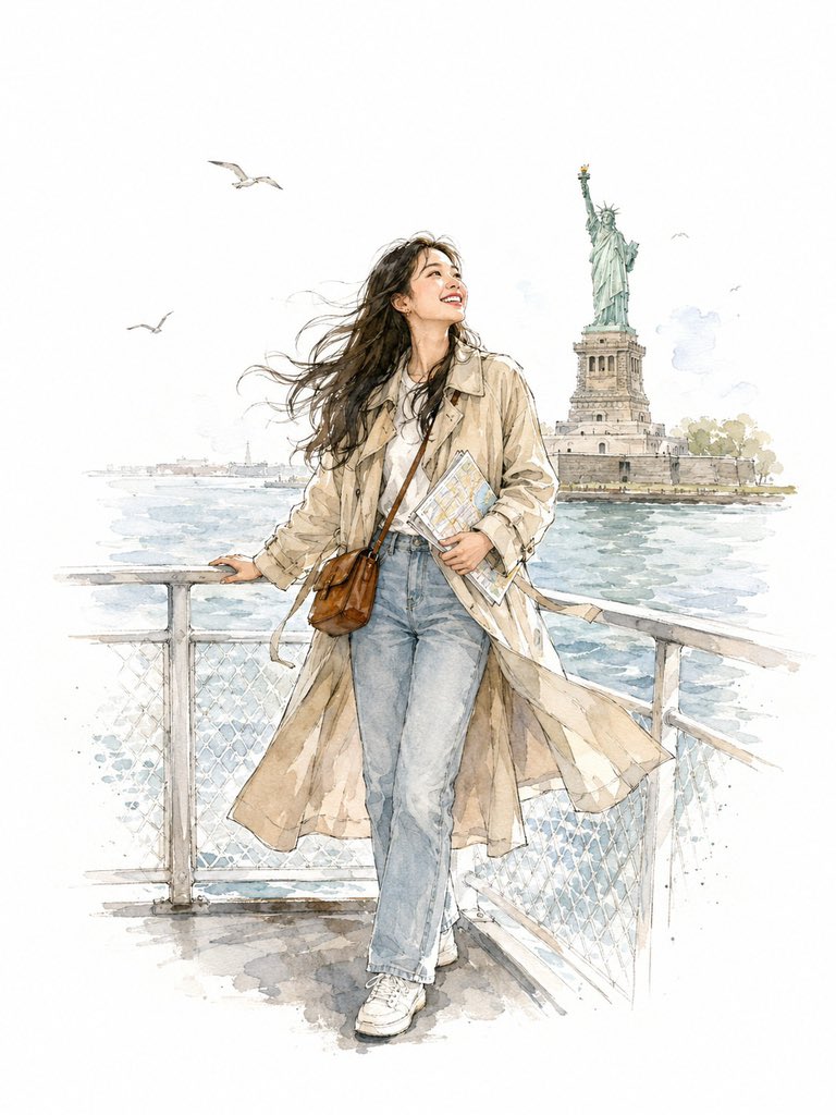 Watercolor Girl on Ferry
