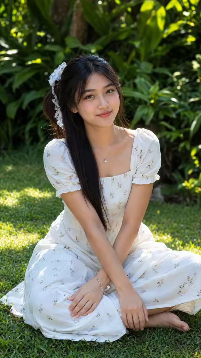 A young Burmese woman with long straight black hair loosely tied with a white lace scrunchie, sitting cross-legged on lush green grass in a sunny garden, soft dappled sunlight filtering through the leaves. She wears a delicate white midi dress with short puffy sleeves, square neckline, and scattered tiny yellow-and-brown floral prints, the fabric lightly textured and flowing around her. Barefoot, gentle closed-mouth smile, soft natural makeup, silver necklace with a small pendant and matching bracelet. Background of dense green tropical plants and sunlight. Photorealistic, natural outdoor lighting, shallow depth of field, 85mm portrait, highly detailed skin texture and fabric.