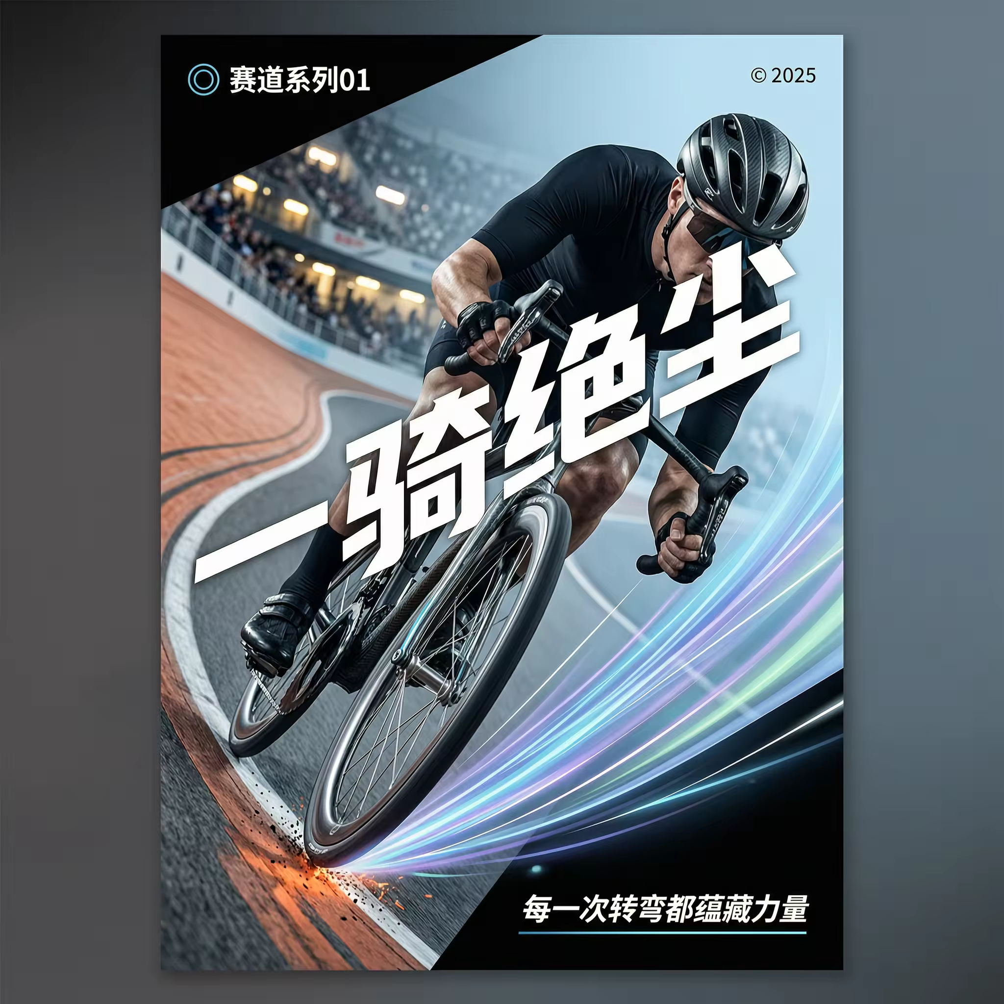 打造一张完整的高端体育宣传海报,比例为9:16,全幅出血。采用极具张力的近—远景运动摄影,搭配气势恢宏的白色斜体字体,营造出由暗至明的色彩氛围。
画面前景以一件与身体紧密相连的装备或部位为主角,以超大尺度占据视觉中心,而运动员则隐于其后方,渐次退入纵深。接触点保留清晰的微观肌理,宽阔柔和的动态流线与彩色雾气沿受力方向延展。
主标题采用超大号、厚重的斜体无衬线字体,纯白配色,以对角线贯穿整个画面。运动员虽部分遮挡部分字形,但整体标题仍保持清晰可读。角落处点缀着小型系列标识与一句简短的辅助文案。
近景边缘由近乎黑色渐变至一片明亮的色调带,位于动作区域之后。每张海报仅选用一种主导色。
主标题:“一骑绝尘”
系列标识:“赛道系列01”
辅助文案:“每一次转弯都蕴藏力量”
运动员与动作:身着黑色紧身服、头戴简约空气动力学头盔的场地自行车手,在倾斜的自行车场上全力压弯。
近景前景:一只巨大的斜置前轮,随车身倾角而倾斜,轮胎紧贴在倾斜的赛道表面。
配色方案:石油黑 + 冰蓝。